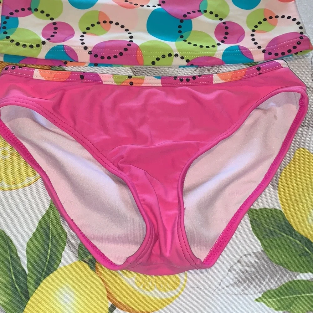 2 pc Cute pink polka dot circle girls tankini Size 8/10 EUC